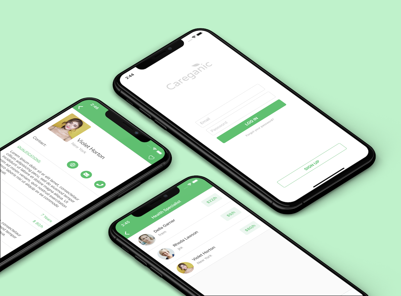 Careganic application render of multiple screens